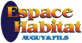 Logo Espace Habitat AUGUY & FILS avec texte en dégradé jaune-orangé sur fond d'ovale bleu foncé.